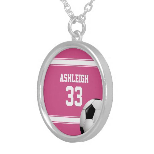 Pink and White Stripes Jersey Soccer Ball Silver Plated Necklace