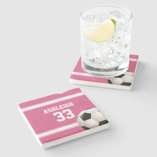 Pink and White Stripes Jersey Soccer Ball Stone Coaster