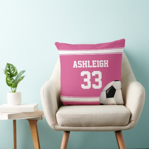 Pink and White Stripes Jersey Soccer Ball Throw Pillow