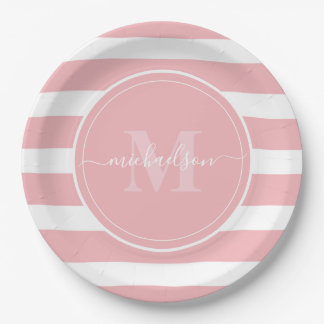 Pink and White Stripes Monogram Name Paper Plates