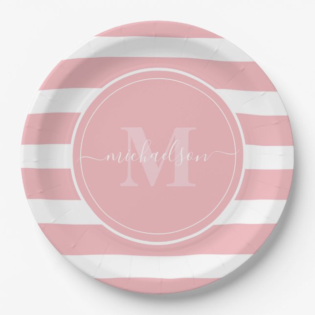 Pink and White Stripes Monogram Name Paper Plates (Front)