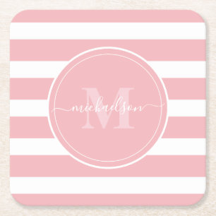 Pink and White Stripes Monogram Name  Square Paper Coaster