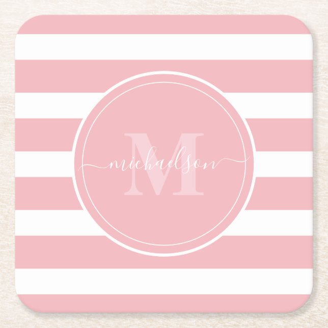 Pink and White Stripes Monogram Name  Square Paper Coaster (Front)