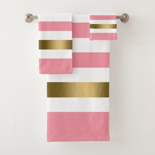 Pink and white stripes pattern gold accents bath towel set