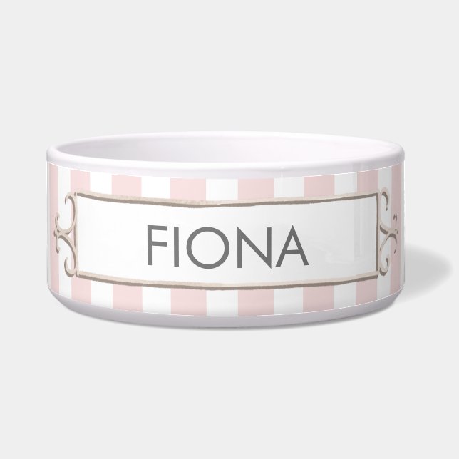 Pink and White Stripes Personalized Pet Bowl (Front)
