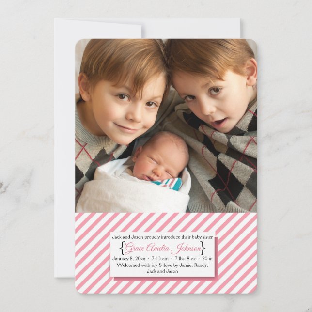 Pink and White Stripes Photo Birth Announcement (Front)