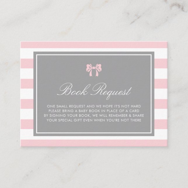 Pink and White Stripes Shower Book Request Card (Front)