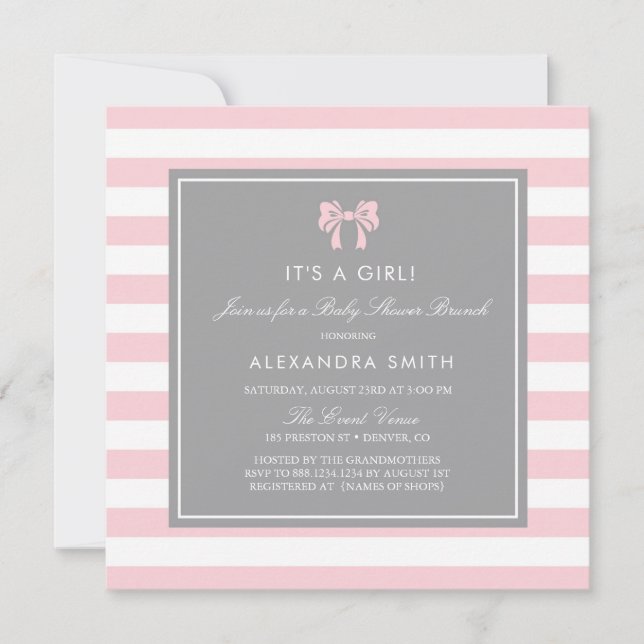 Pink and White Stripes with Bow Baby Shower Brunch Invitation (Front)