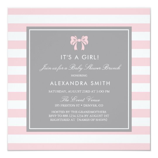 Pink And White Stripes With Bow Baby Shower Brunch Invitation Pink And White Stripes With Bow Baby Shower Brunch Invitation