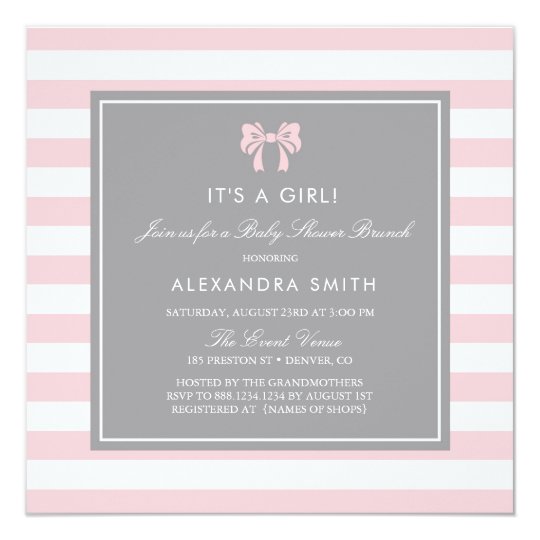 Pink And White Stripes With Bow Baby Shower Brunch Invitation