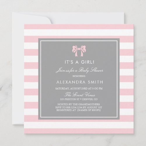 Pink and White Stripes with Bow Baby Shower Invitation