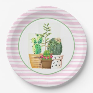 Pink and White Stripes with Cactus Succulents Paper Plate