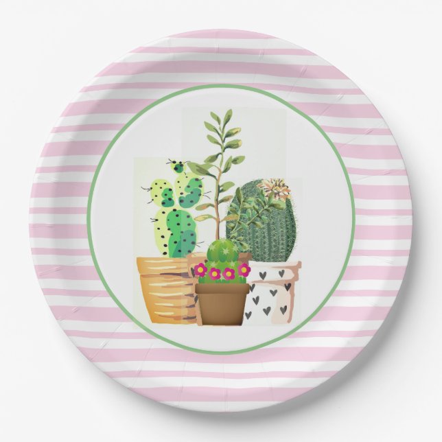 Pink and White Stripes with Cactus Succulents Paper Plates (Front)