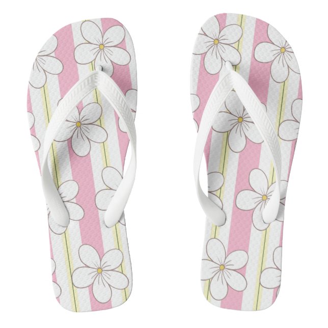 Pink And White Stripes With Flowers Flip Flops (Footbed)