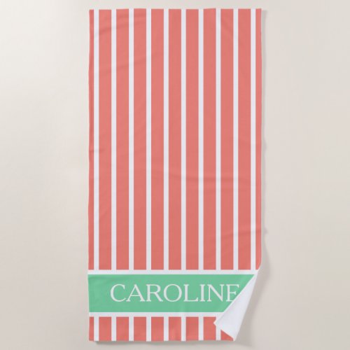 Pink and White Stripes With Turquoise Personalized Beach Towel