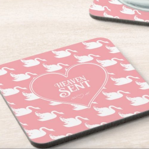Pink and White Swan Pattern for Baby Shower Beverage Coaster