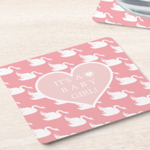 Pink and White Swan Pattern for Baby Shower  Square Paper Coaster