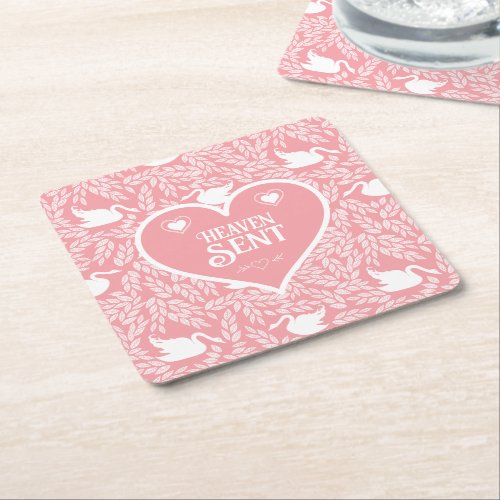 Pink and White Swan Pattern for Baby Shower  Square Paper Coaster