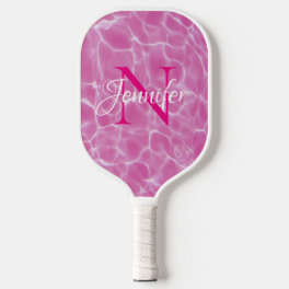 Pink and White Swimming Pool Photo Chic Monogram Pickleball Paddle