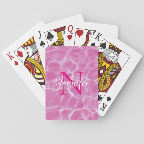 Pink and White Swimming Pool Photo Chic Monogram Poker Cards