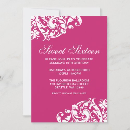 Pink and White Swirl Flourish Sweet 16 Birthday Personalized Invites