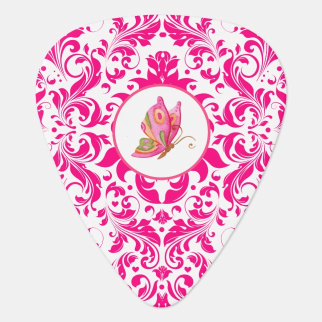 Pink and white swirls and butterfly guitar pick (Front)