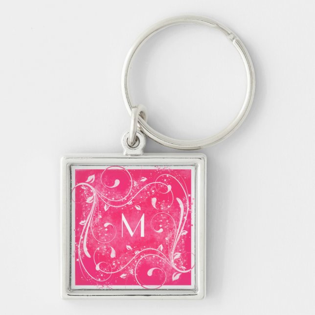 Pink and White Swirls Monogram Keychain (Front)