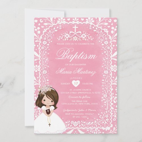 Pink and White Talavera Girl Baptism Papel Picado Invitation