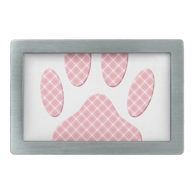 Pink And White Tartan Dog Paw Print Belt Buckle (Front)