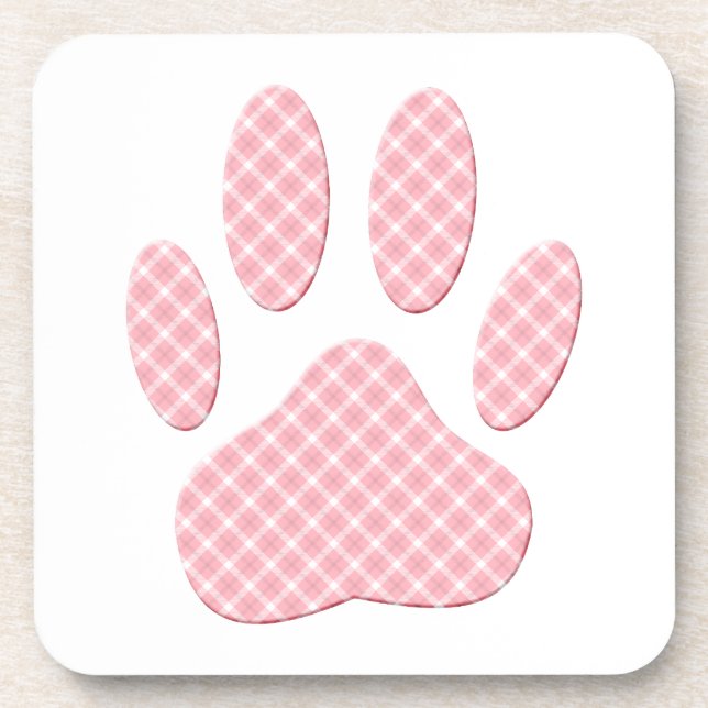 Pink And White Tartan Dog Paw Print Beverage Coaster (Front)