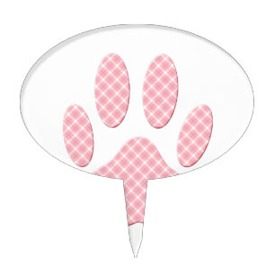 Pink And White Tartan Dog Paw Print Cake Topper