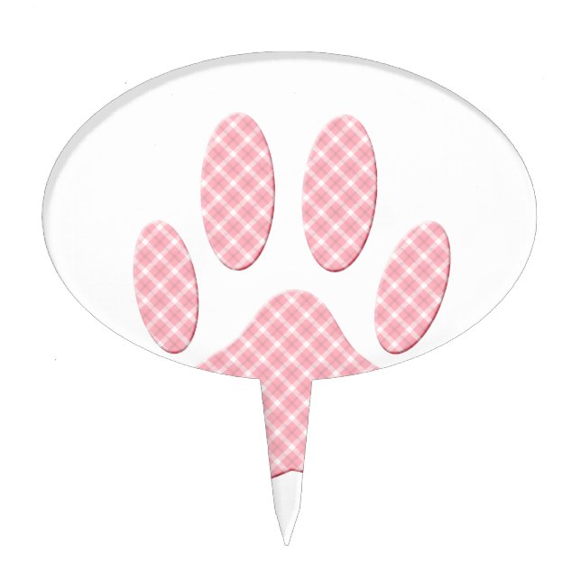 Pink And White Tartan Dog Paw Print Cake Topper (Front)