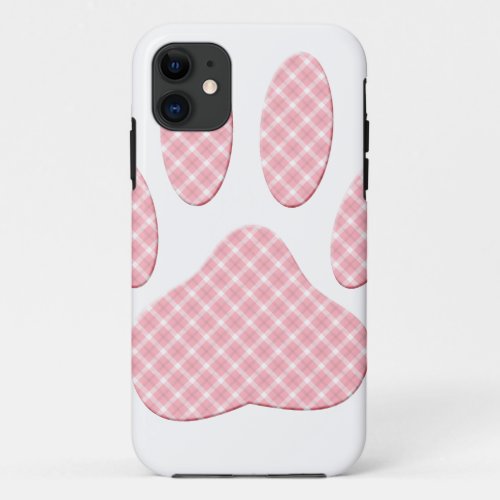 Pink And White Tartan Dog Paw Print iPhone 11 Case