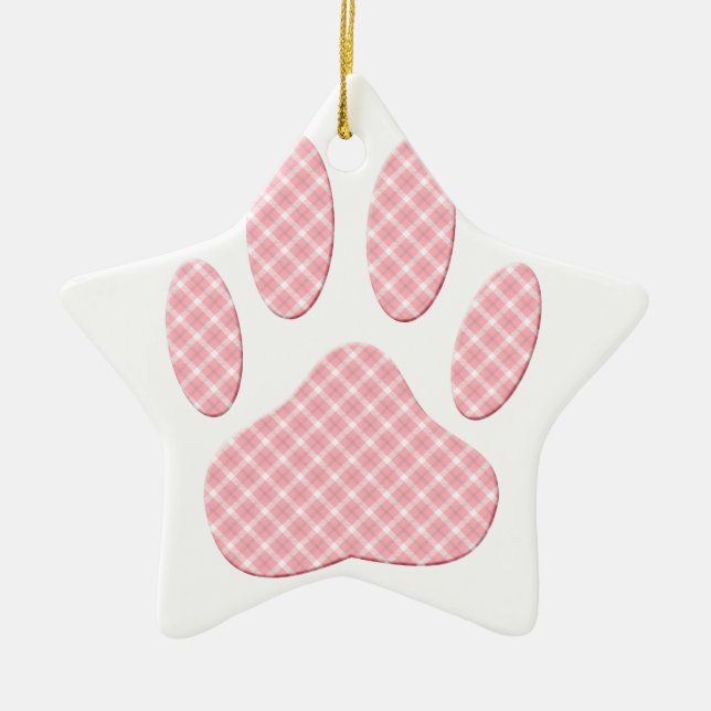 Pink And White Tartan Dog Paw Print Ceramic Ornament (Front)