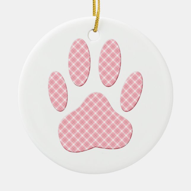 Pink And White Tartan Dog Paw Print Ceramic Ornament (Front)