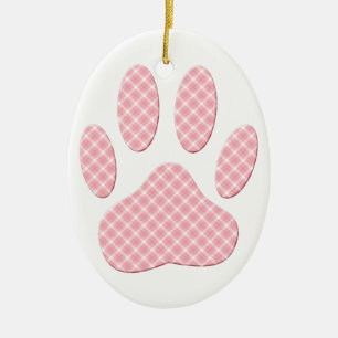 Pink And White Tartan Dog Paw Print Ceramic Ornament