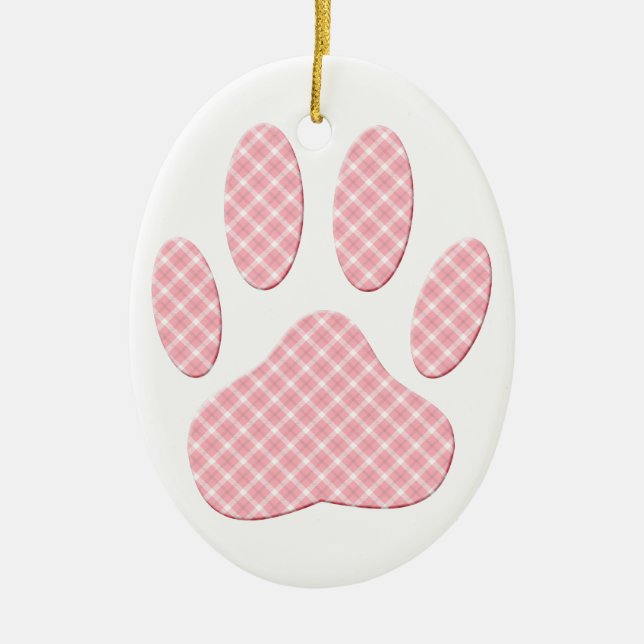 Pink And White Tartan Dog Paw Print Ceramic Ornament (Front)