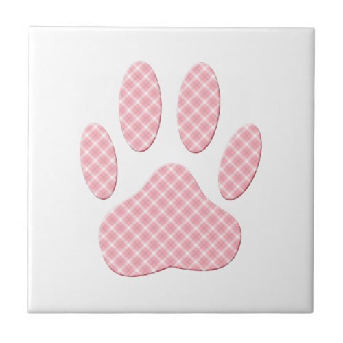 Pink And White Tartan Dog Paw Print Ceramic Tile