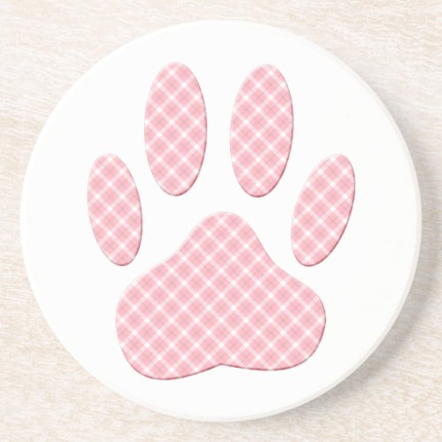 Pink And White Tartan Dog Paw Print Coaster