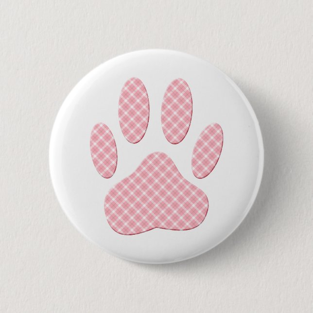 Pink And White Tartan Dog Paw Print Pinback Button (Front)