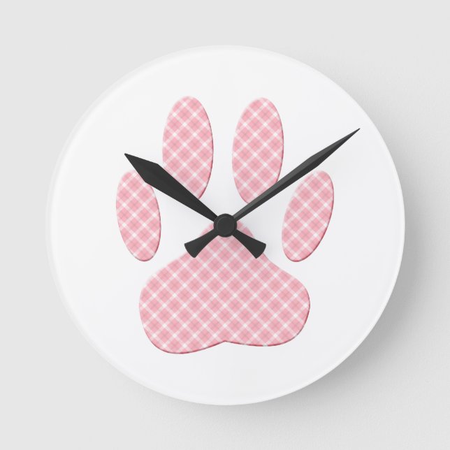 Pink And White Tartan Dog Paw Print Round Clock (Front)