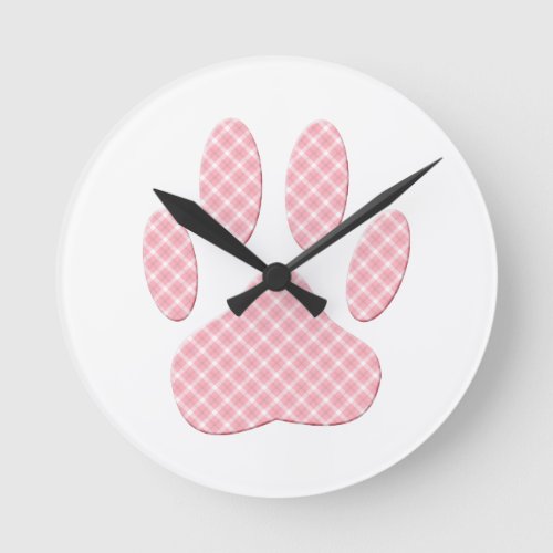 Pink And White Tartan Dog Paw Print Round Clock