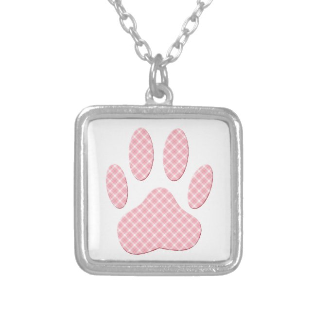 Pink And White Tartan Dog Paw Print Silver Plated Necklace (Front)