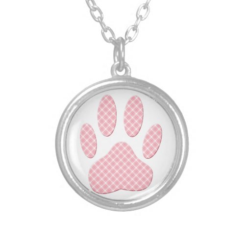 Pink And White Tartan Dog Paw Print Silver Plated Necklace