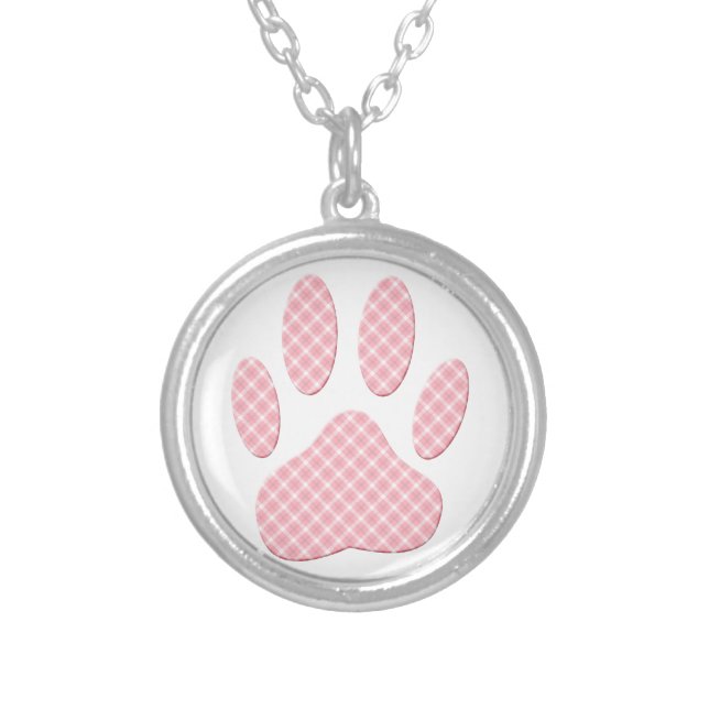 Pink And White Tartan Dog Paw Print Silver Plated Necklace (Front)