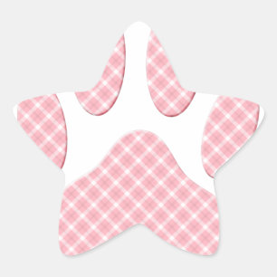 Pink And White Tartan Dog Paw Print Star Sticker