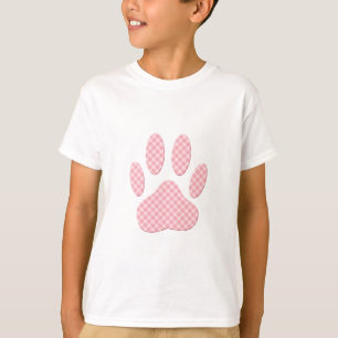 Pink And White Tartan Dog Paw Print T-Shirt