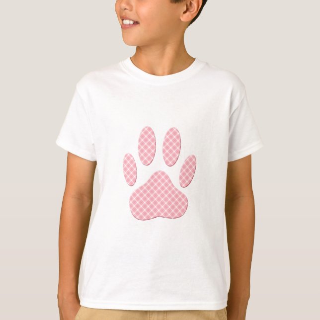 Pink And White Tartan Dog Paw Print T-Shirt (Front)