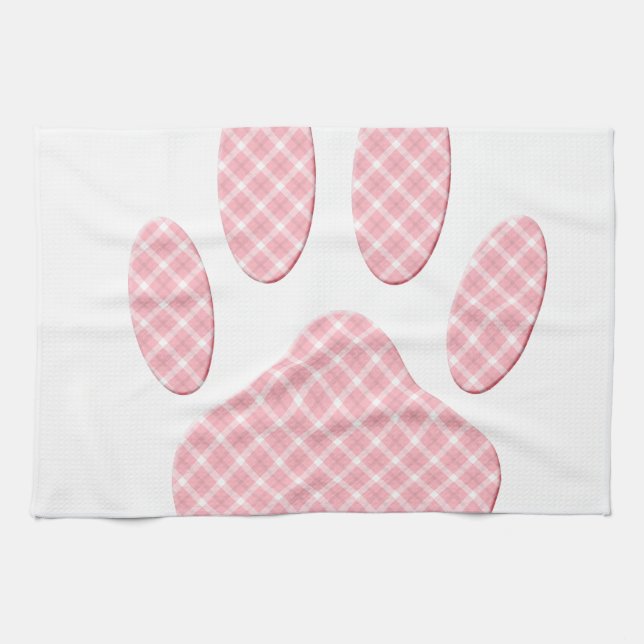 Pink And White Tartan Dog Paw Print Towel (Horizontal)