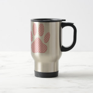 Pink And White Tartan Dog Paw Print Travel Mug